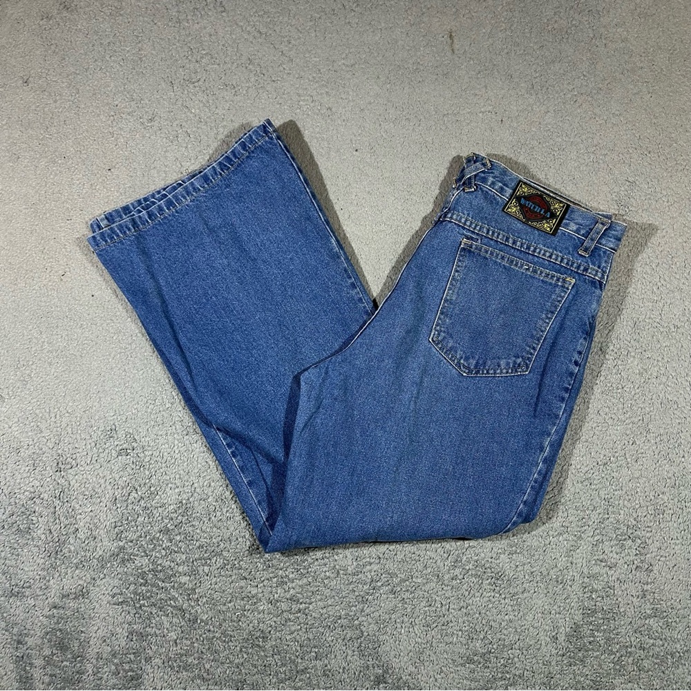 Vintage Watch LA Blue Denim Flare Wide Leg Jeans Womens XL USA Embroider #1784